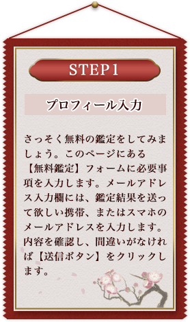 さっそく無料の鑑定をしてみましょう。このページにある【無料鑑定】フォームに必要事項を入力します。メールアドレス入力欄には、鑑定結果を送って欲しい携帯、またはスマホのメールアドレスを入力します。内容を確認し、間違いがなければ【送信ボタン】をクリックします。